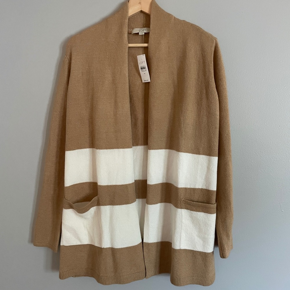 LOFT Cardigan Sweater Womens Medium Brown White Striped Open Front Colorblock